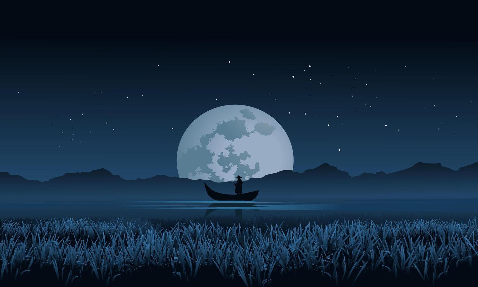 Night view in river with fisherman and full moon vector
