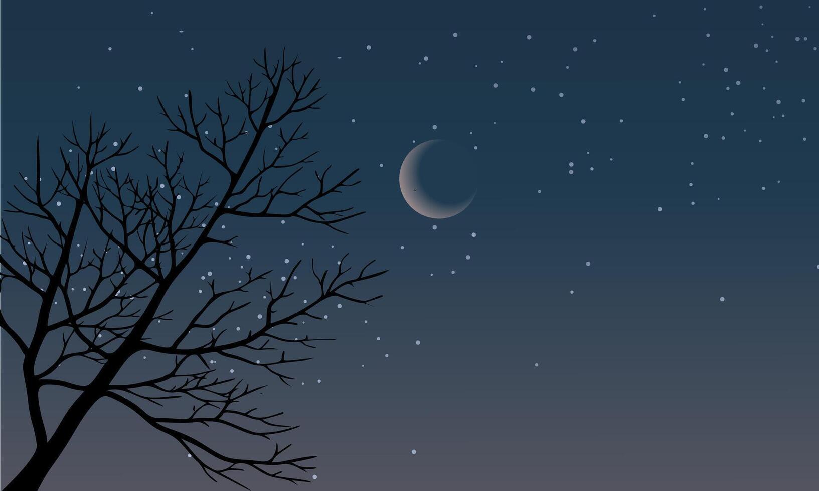 Starry sky background with tree silhouette and crescent moon vector