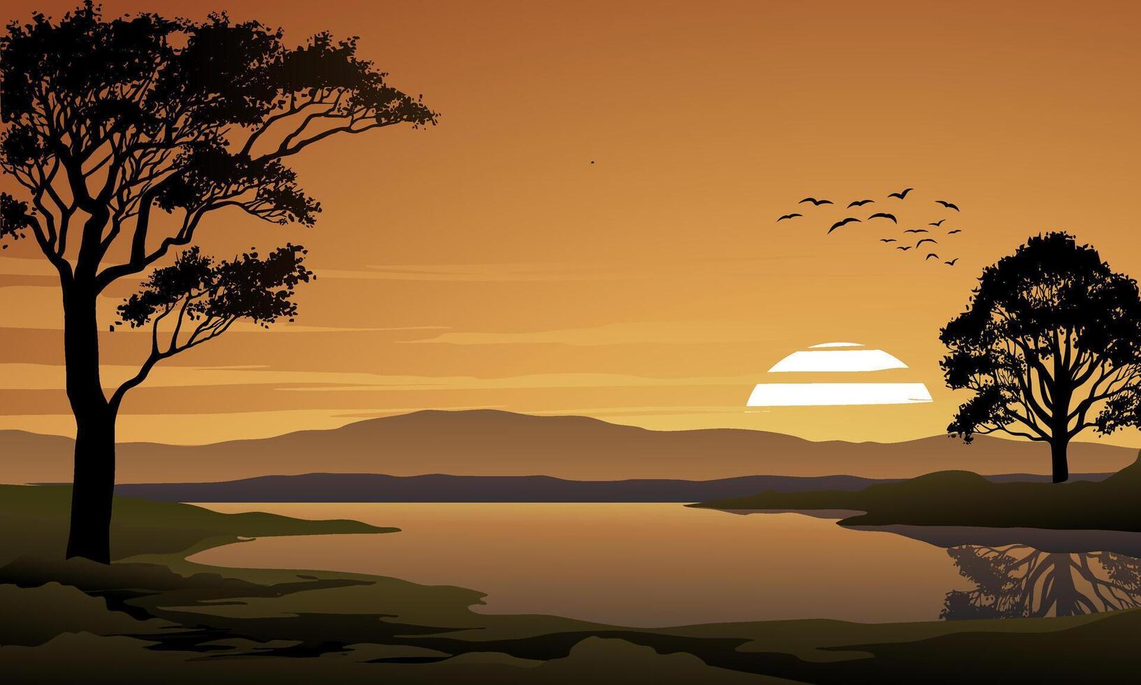 Sunset nature background with trees and river vector