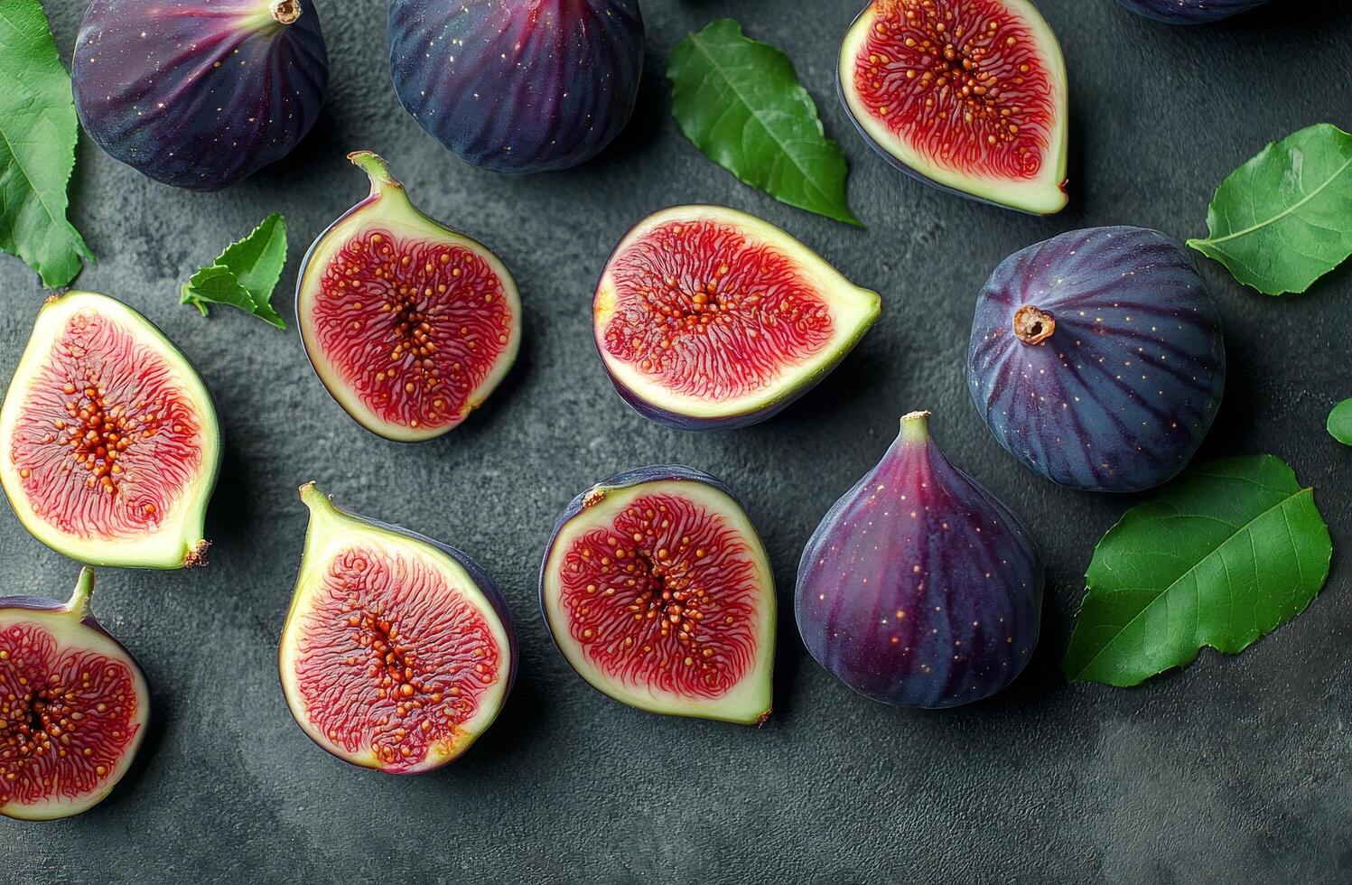 Fresh figs and green leaves arranged on a dark surface, creating a vibrant natural display photo