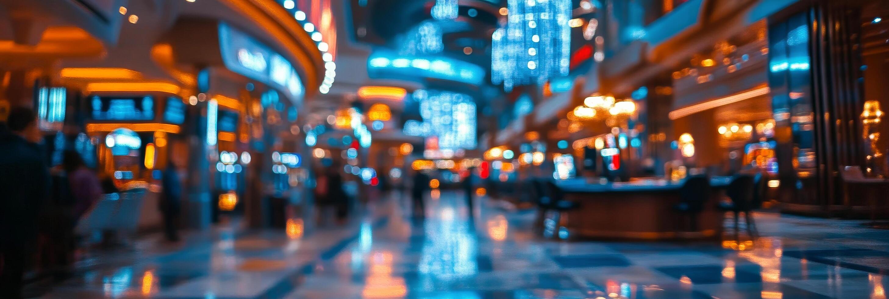 A vibrant casino interior with bright lights and bustling activity during the evening hours photo