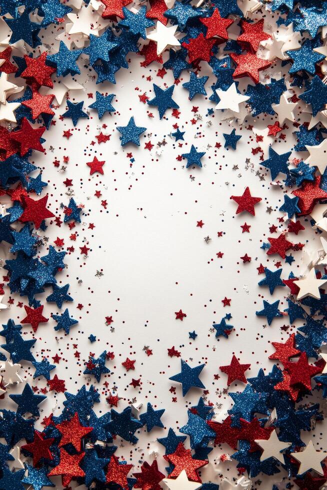 Festive arrangement of red white and blue stars with glitter for a celebration or holiday event photo