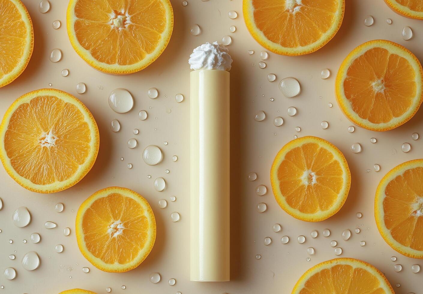 Fresh oranges and creamy treat with water droplets on a light background during daylight photo