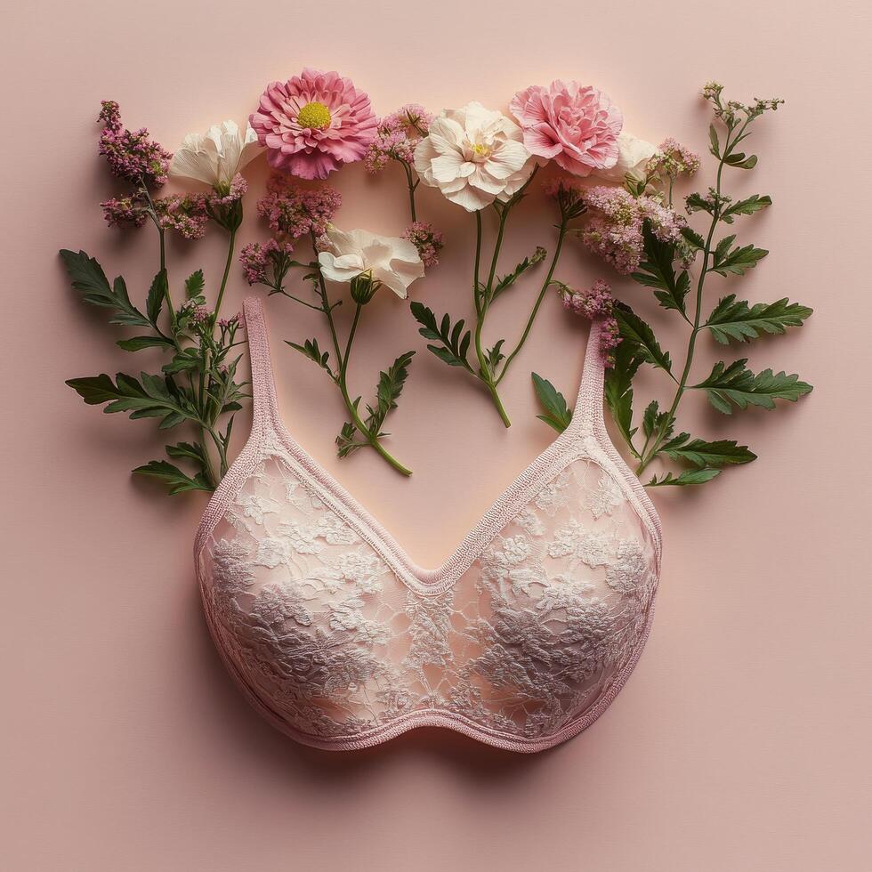 Pink lingerie adorned with colorful flowers against a soft pastel background photo