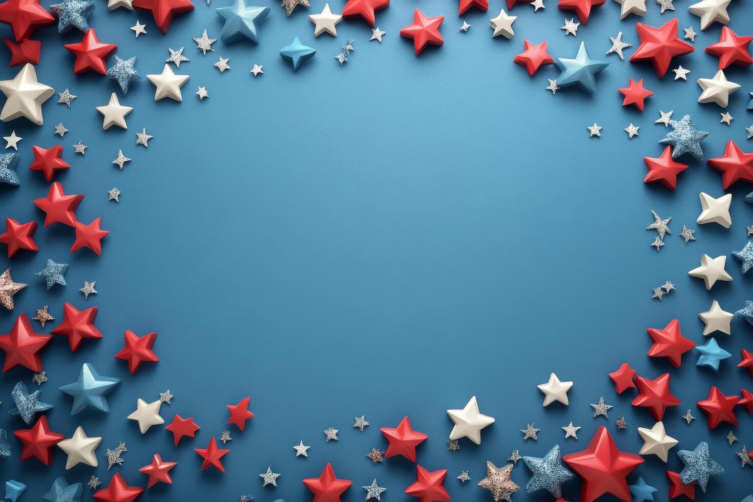 Decorative stars in red, white, and blue arranged on a blue background for a festive celebration photo