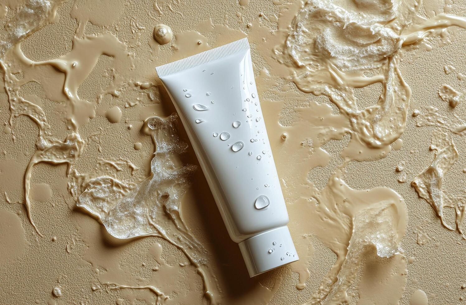 A tube of moisturizing cream surrounded by droplets on a smooth surface in a warm setting photo