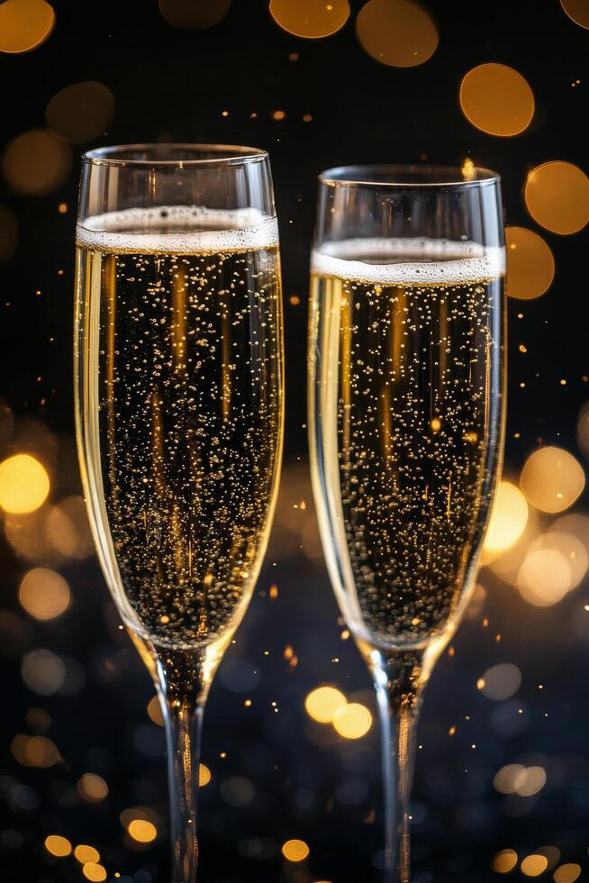 Two champagne flutes filled with bubbly drink on reflective surface with sparkling background photo