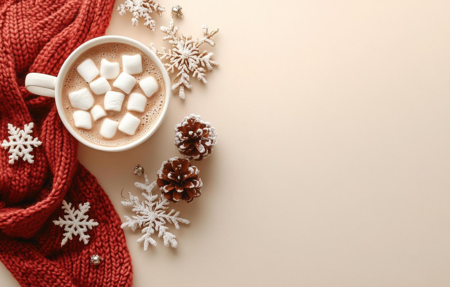 Cozy winter hot chocolate with marshmallows and pine cones on a red knitted blanket photo