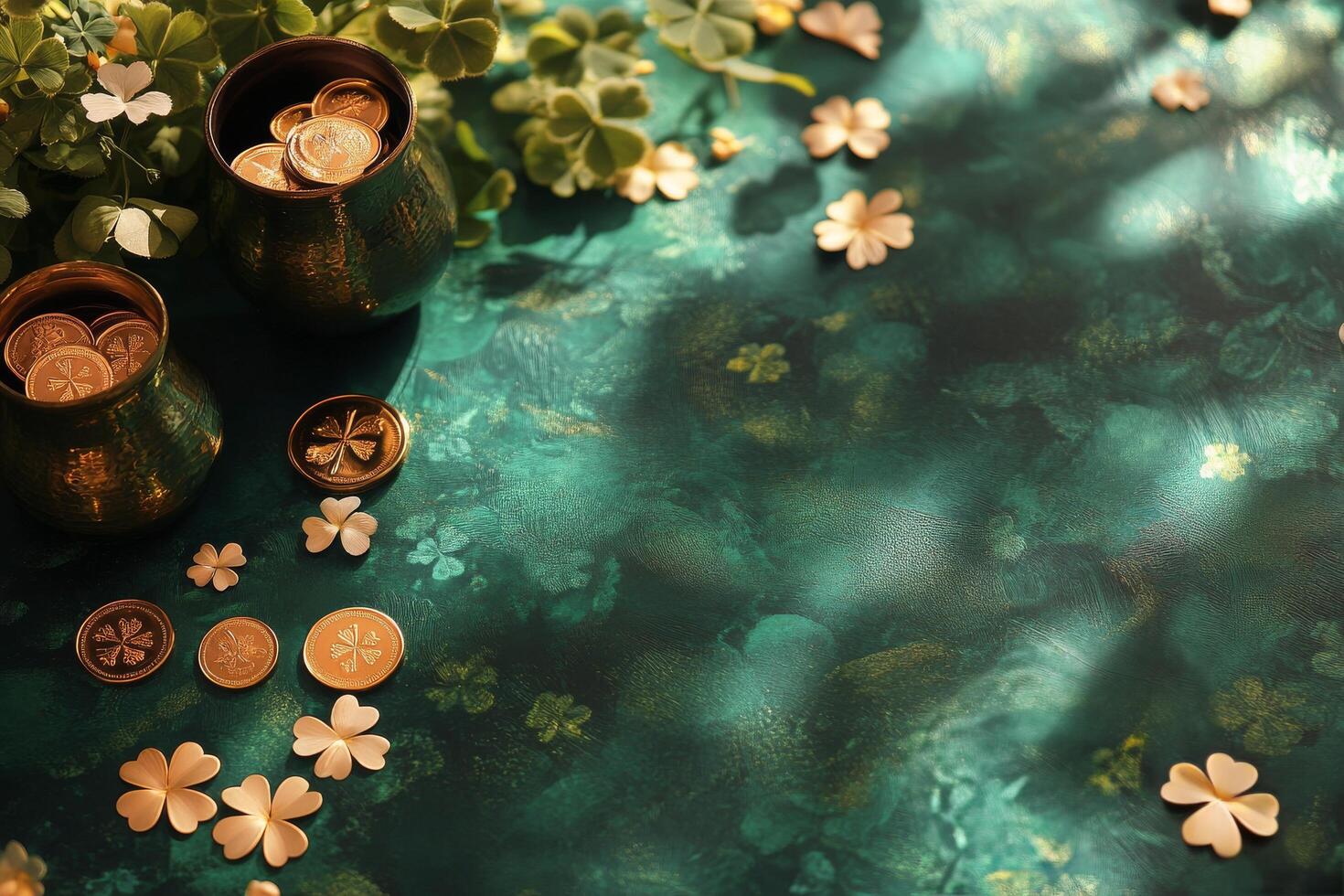 Green background with coins and flowers creating a festive St Patricks Day atmosphere photo