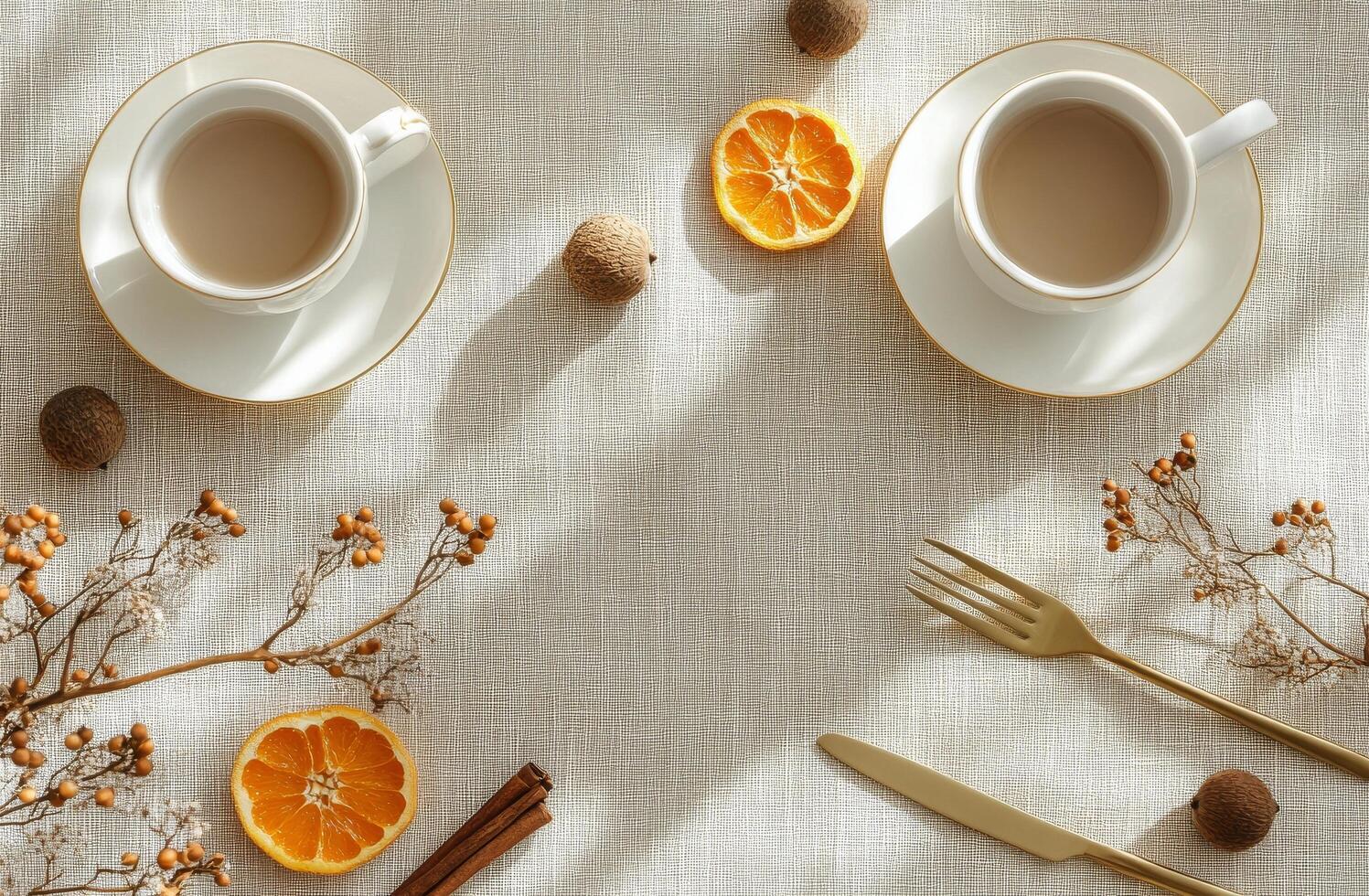 Elegant tea setting with two cups and fresh citrus on a textured tablecloth in natural light photo