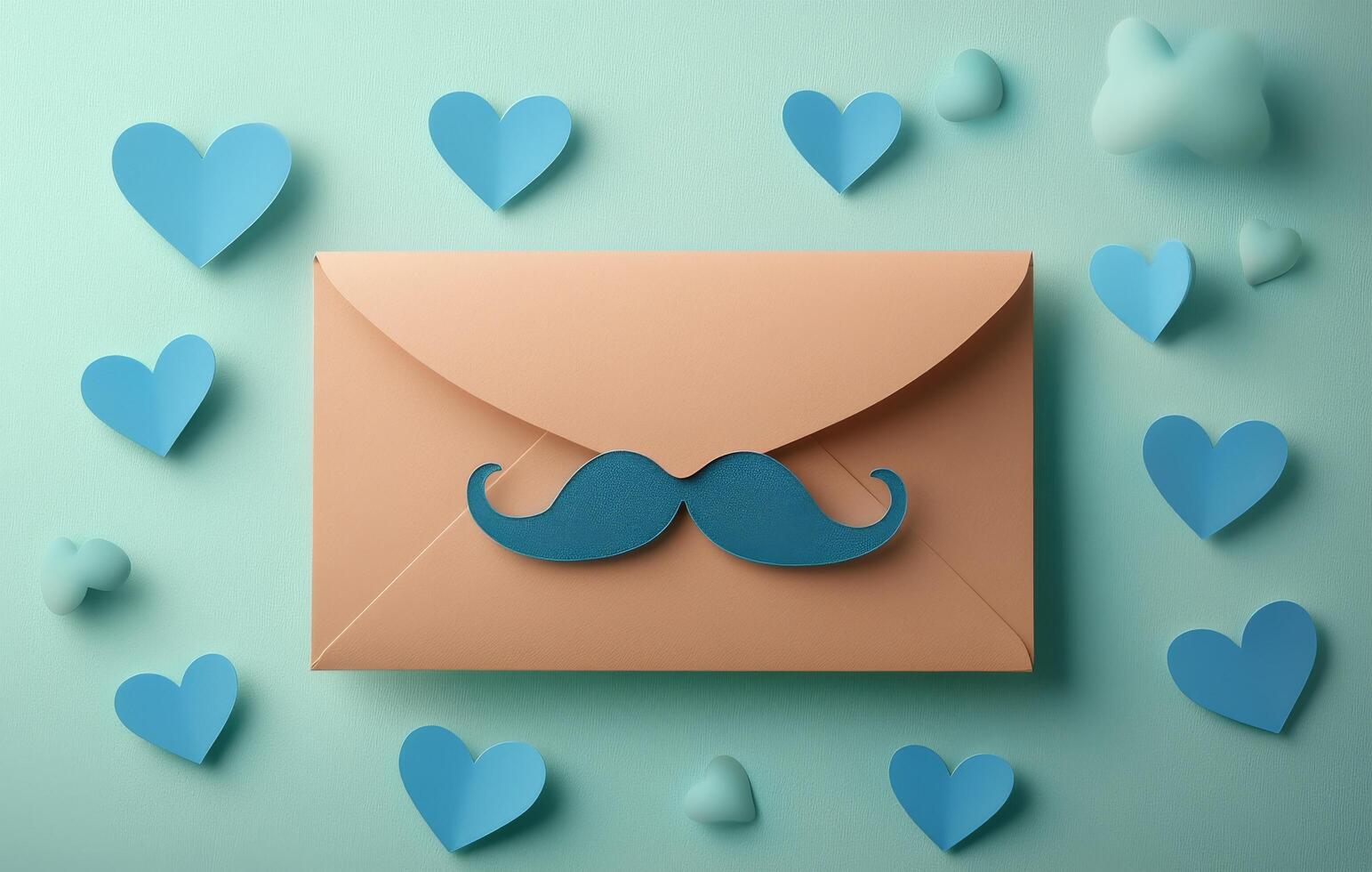 Blue envelope with mustache design surrounded by heart shapes in a creative arrangement photo