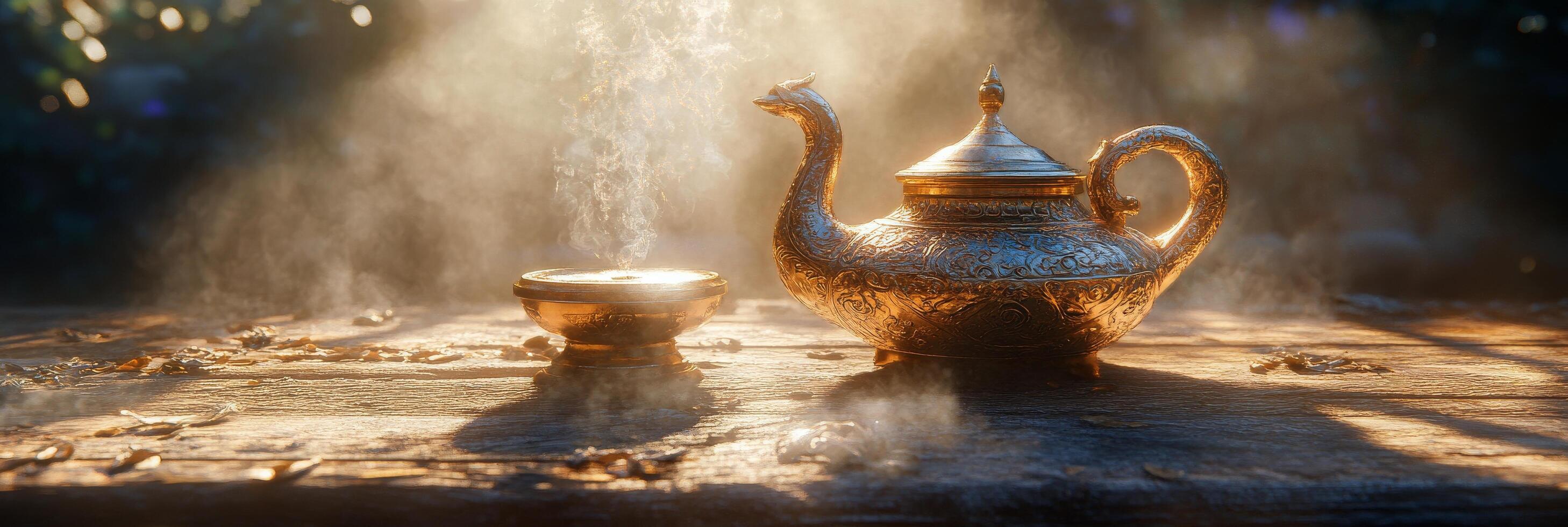 Glimmering antique teapot on a wooden table illuminated by soft rays of morning light photo