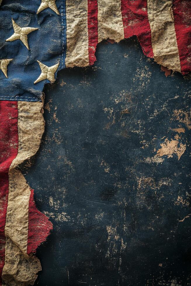 Worn American flag displayed artistically against a dark background in a serene setting photo