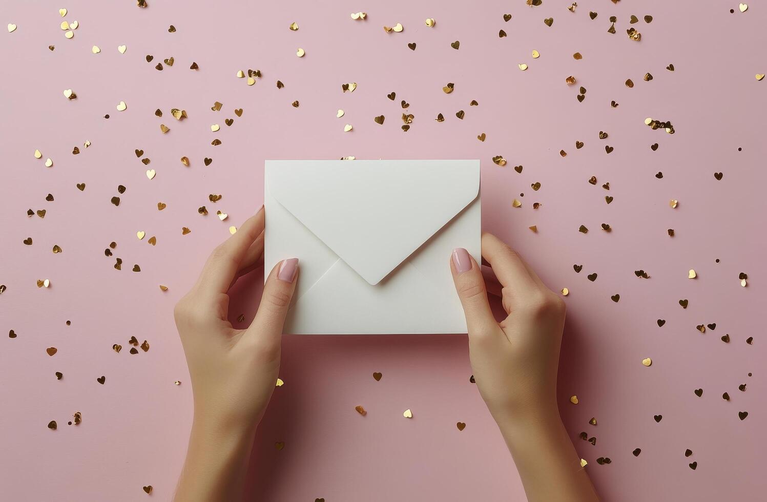 Holding a heart shaped envelope with golden confetti on a pink background during a celebration photo