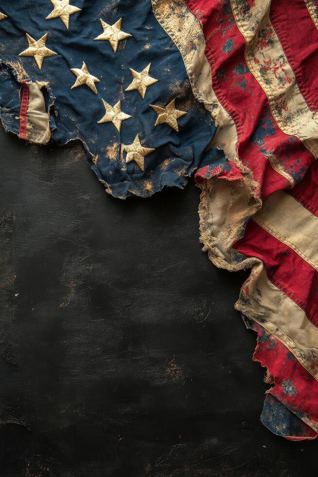 Worn American flag displayed artistically against a dark background in a serene setting photo