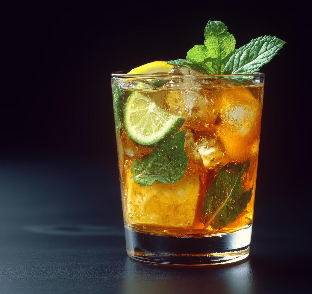 Refreshing drink with mint and orange served in a glass filled with ice photo