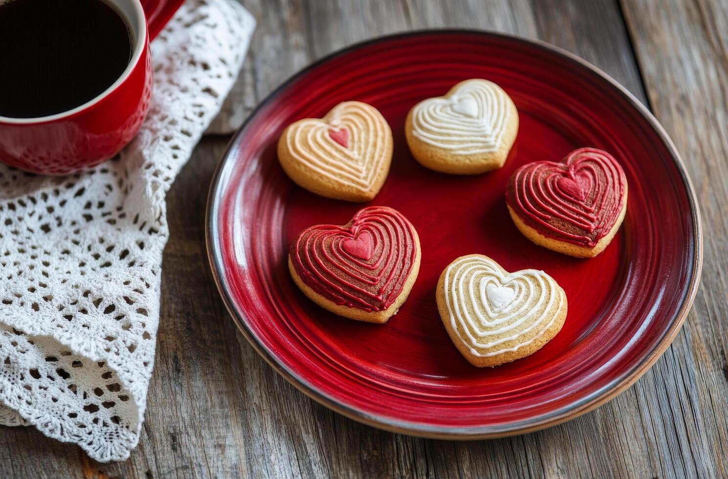 Warm coffee with heart shaped cookies on wooden table setting decorated with lace photo