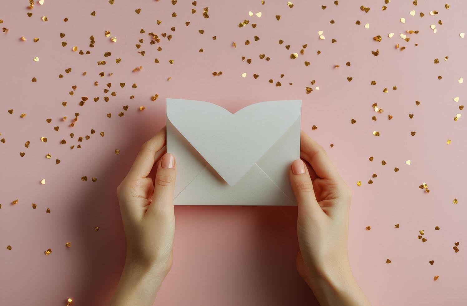 Holding a heart shaped envelope with golden confetti on a pink background during a celebration photo