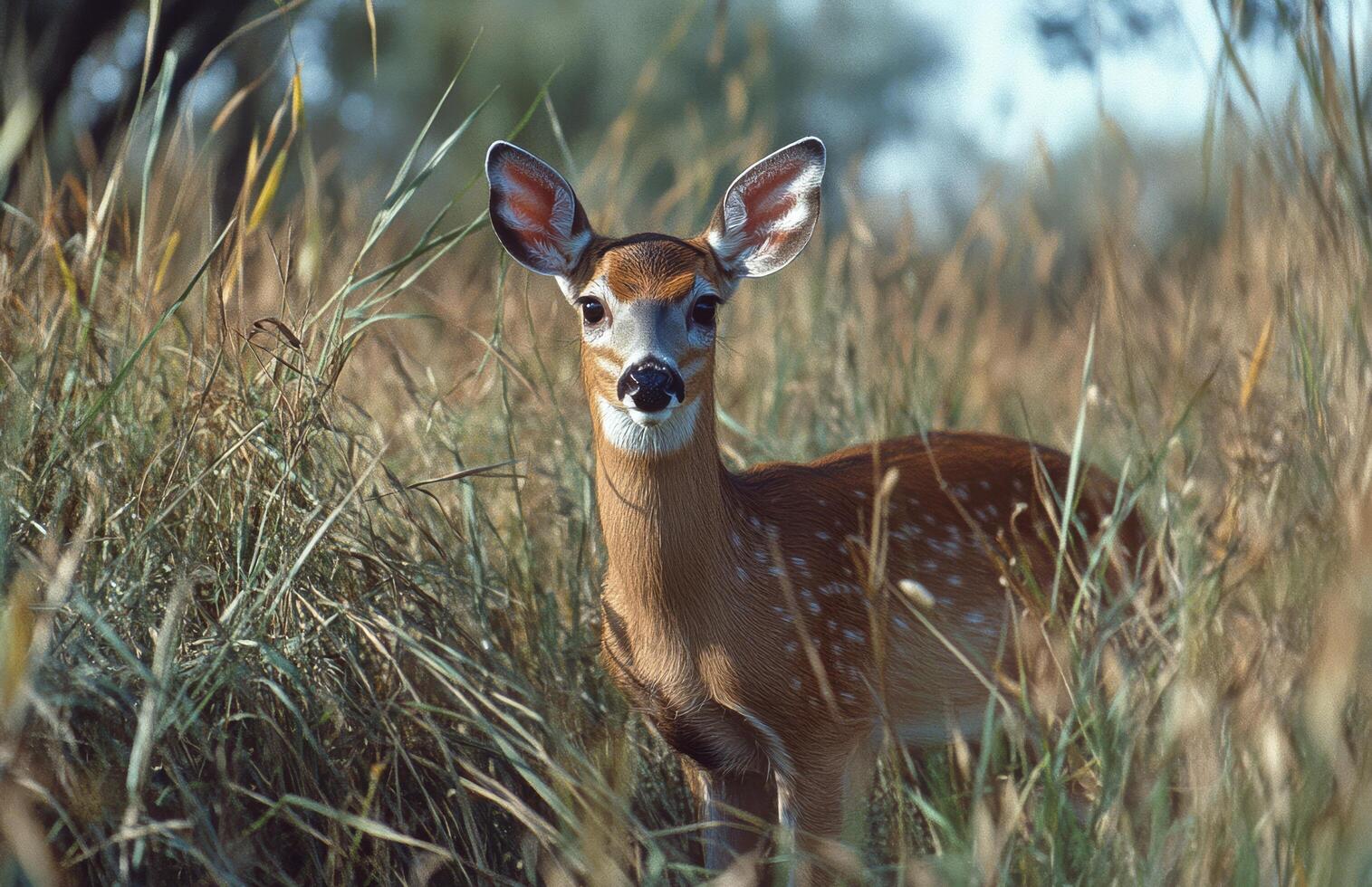 A deer standing amid golden grass in a quiet field during a calm autumn evening photo