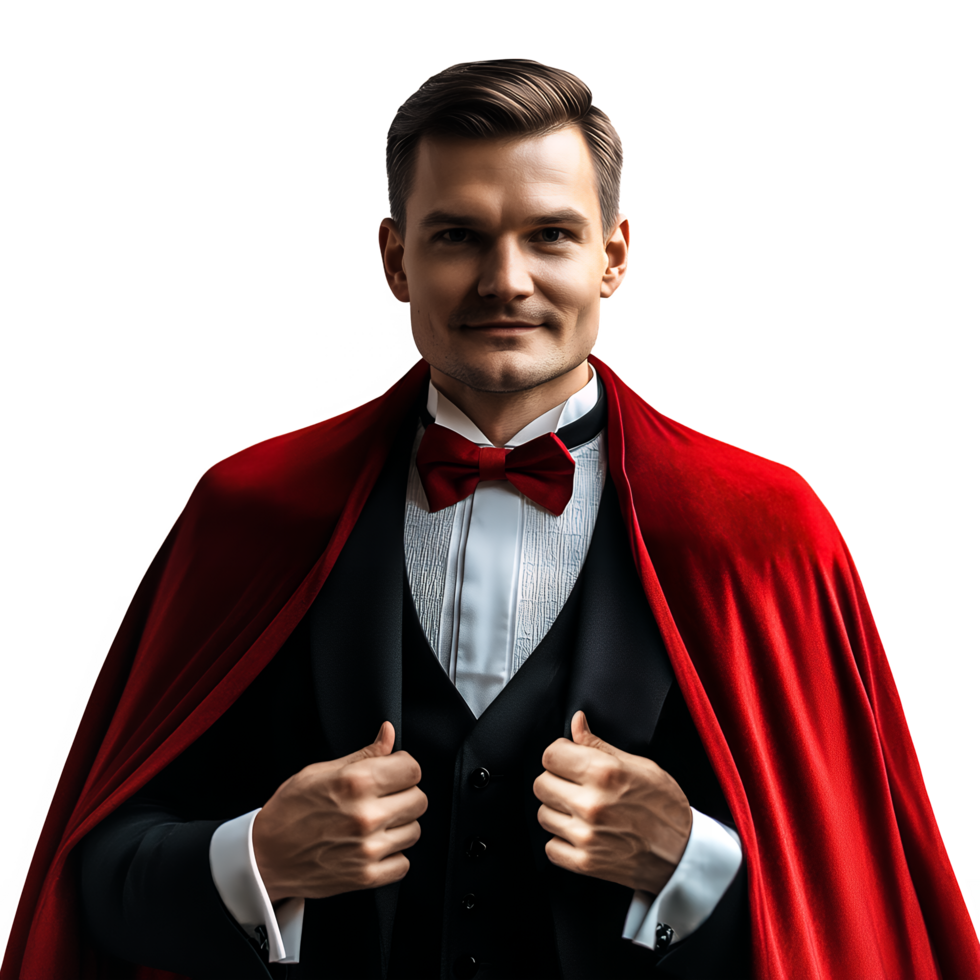 Handsome Man in Dracula Costume with Red Cape High-Resolution Photo png