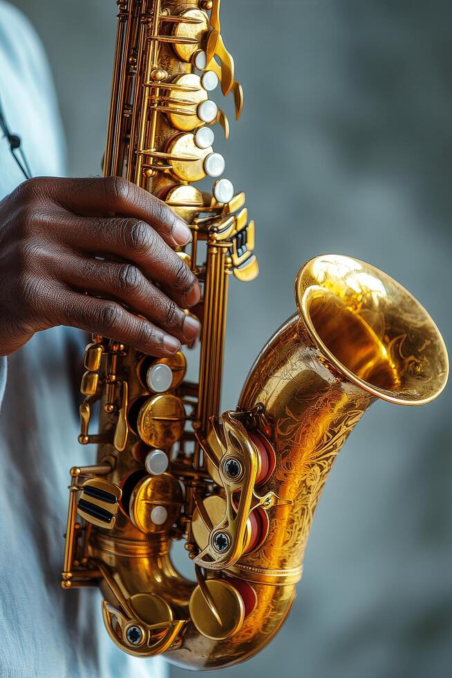 Close up of a musician playing a beautifully crafted saxophone during a live performance photo