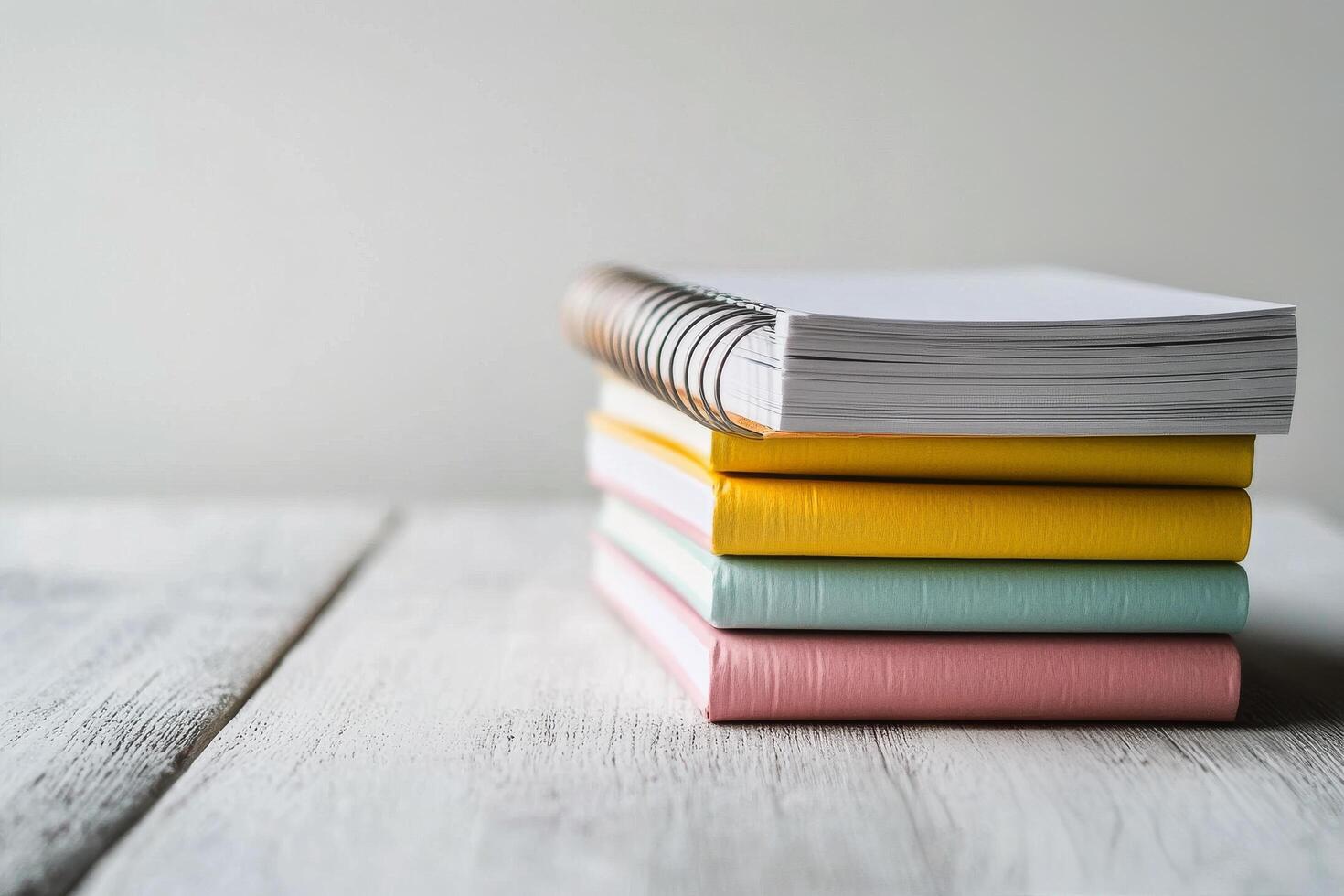 A stack of colorful notebooks and a blank notepad arranged neatly on a wooden table photo