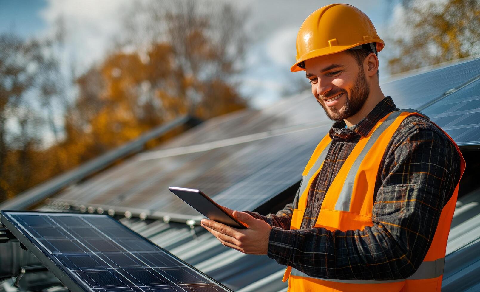 Technician inspecting solar panels on a rooftop in autumn while using a tablet during daylight photo