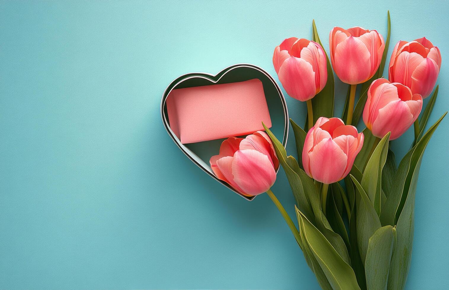 Pink tulips arranged beside a heart shaped box on a light blue background photo