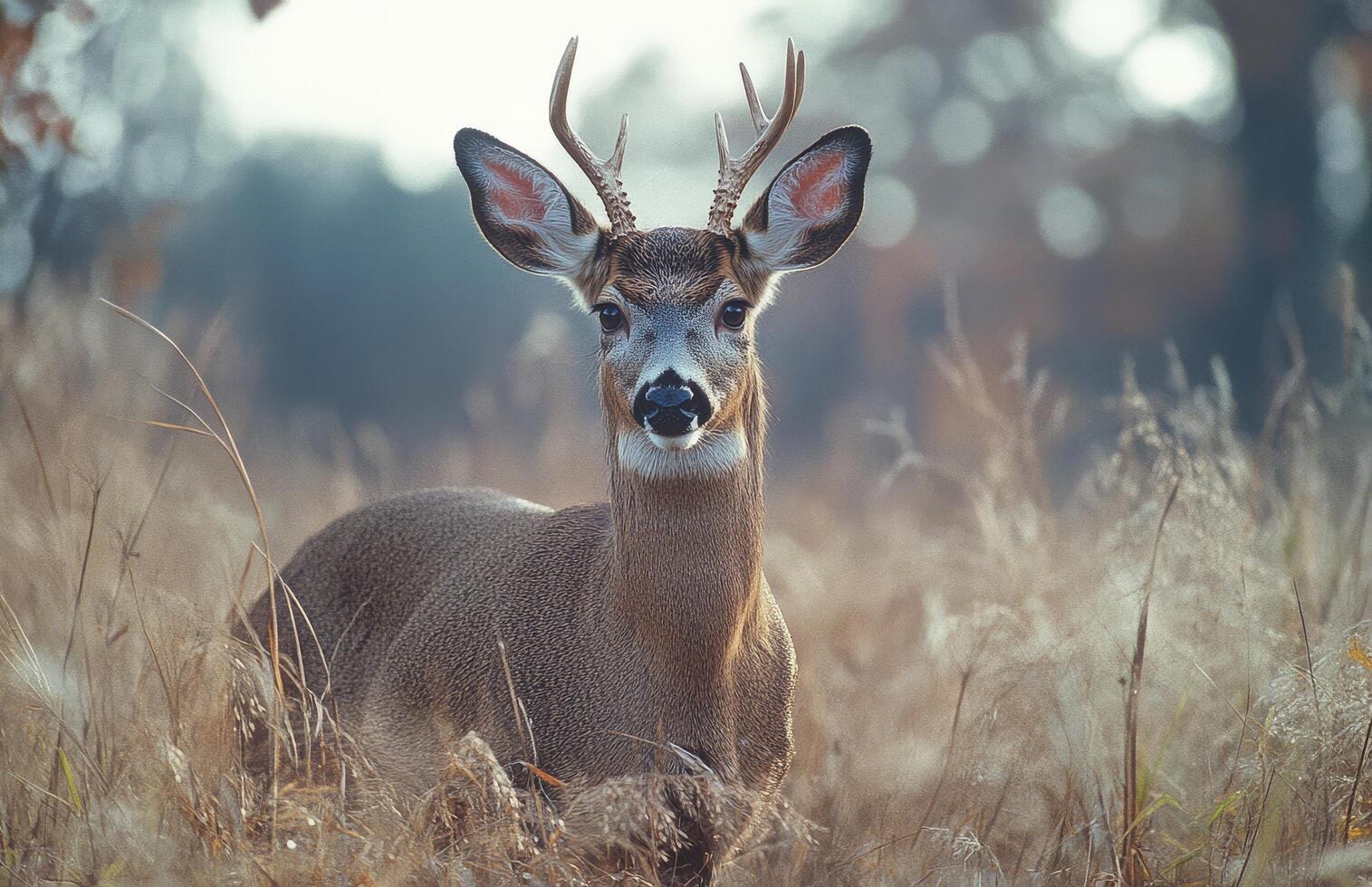 A deer standing amid golden grass in a quiet field during a calm autumn evening photo