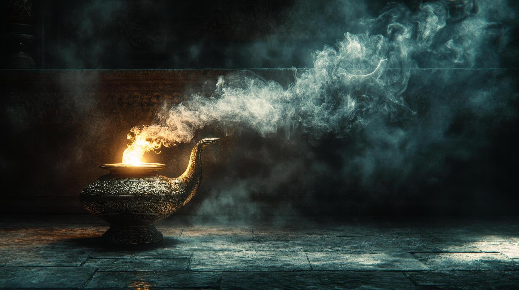 A mystical lamp emitting smoke in a dimly lit ancient setting at night photo