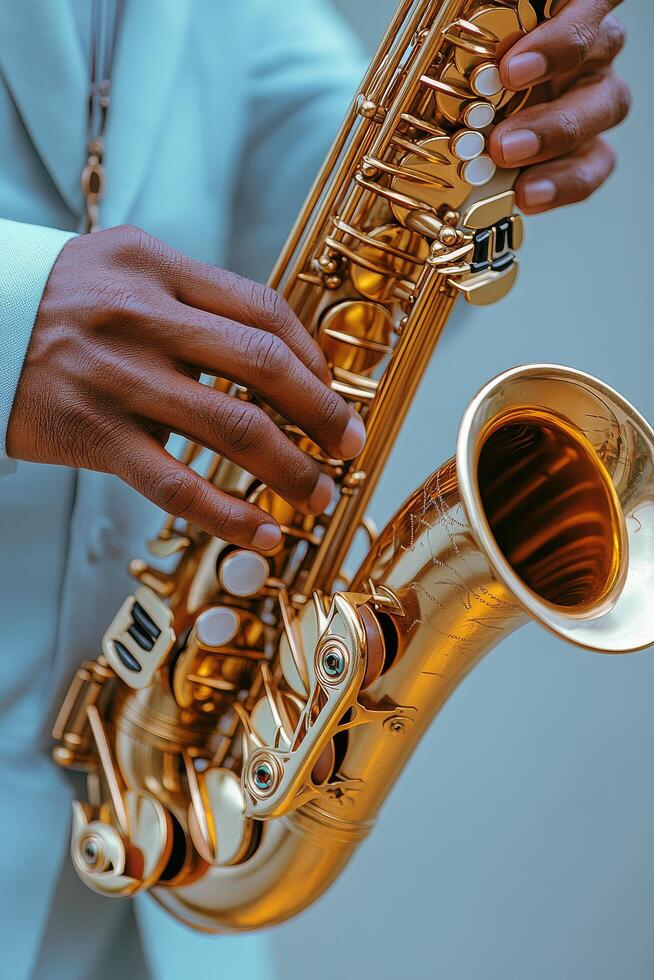 Close up of a musician playing a beautifully crafted saxophone during a live performance photo