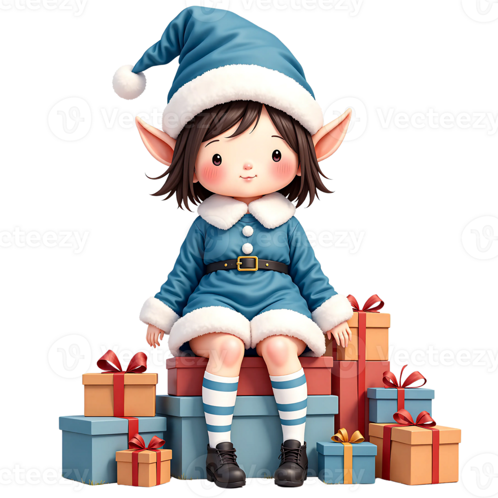 Cute Christmas Elf Sitting on Gifts Illustration png
