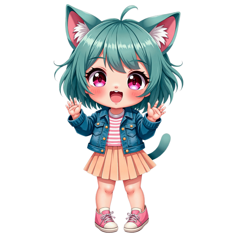 Happy Chibi Cat Girl with Green Hair and Denim Jacket png