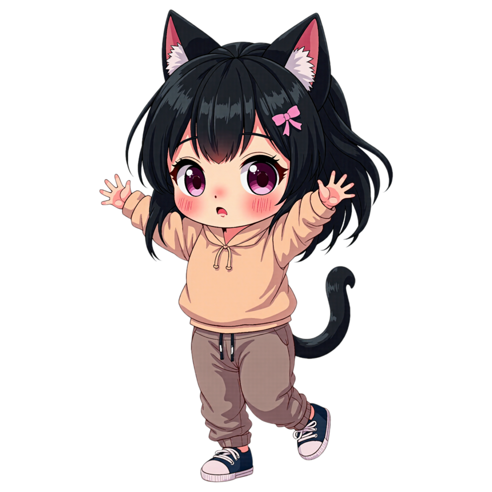 Cute Chibi Cat Girl with Black Hair and Casual Hoodie png