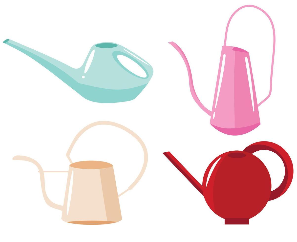 set of icons of unusual shapes and pastel colors of watering cans for plants, for design, poster or textile vector