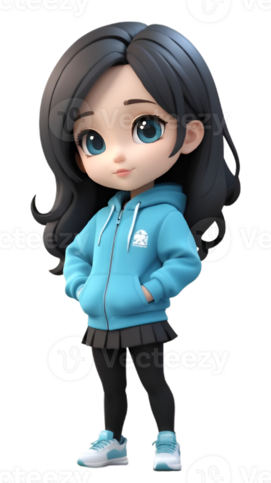 Chibi girl 3D cartoon style wearing blue color shirt png
