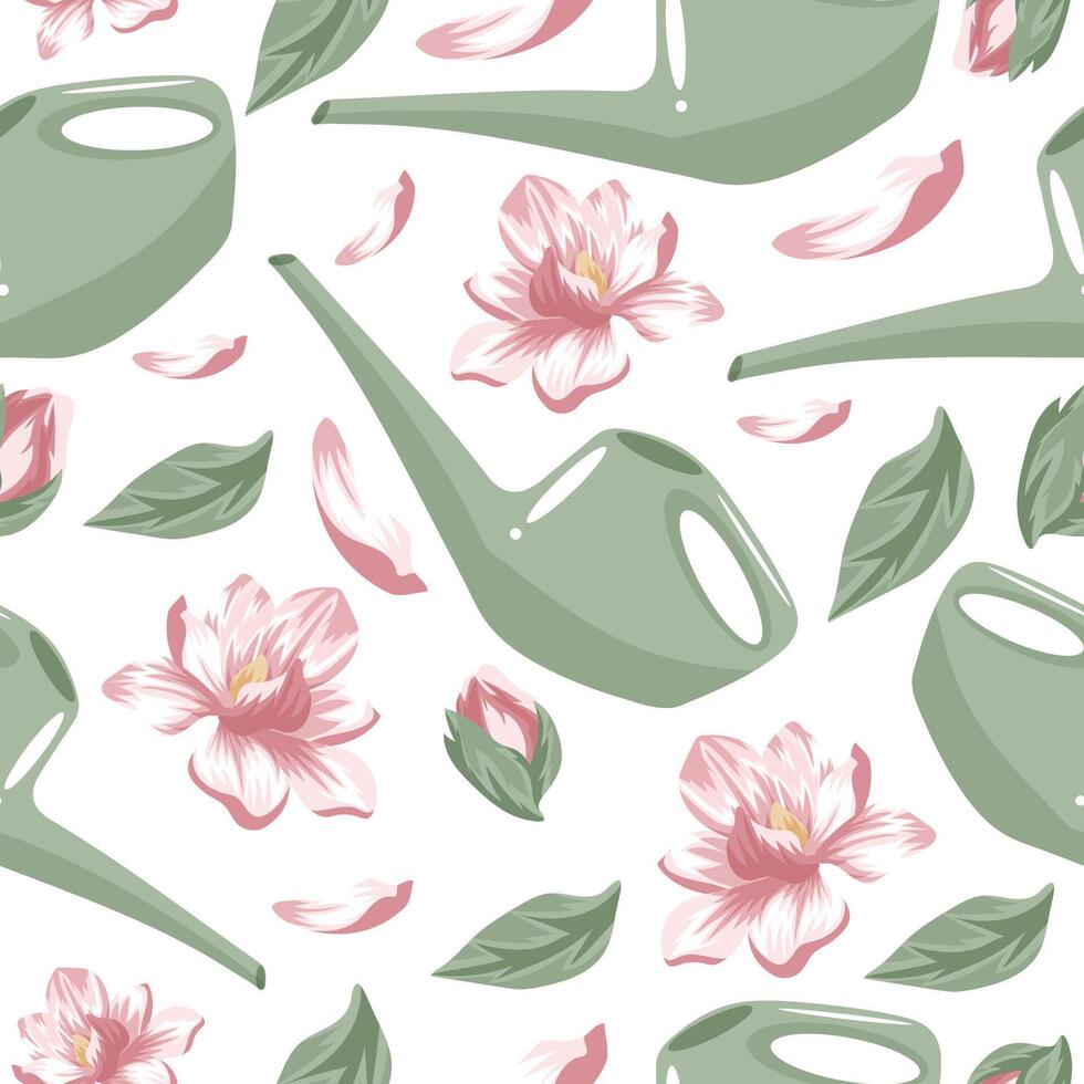 seamless pattern with pink magnolia buds, green leaves and pastel green watering can for plants, for textile, packaging or banners vector
