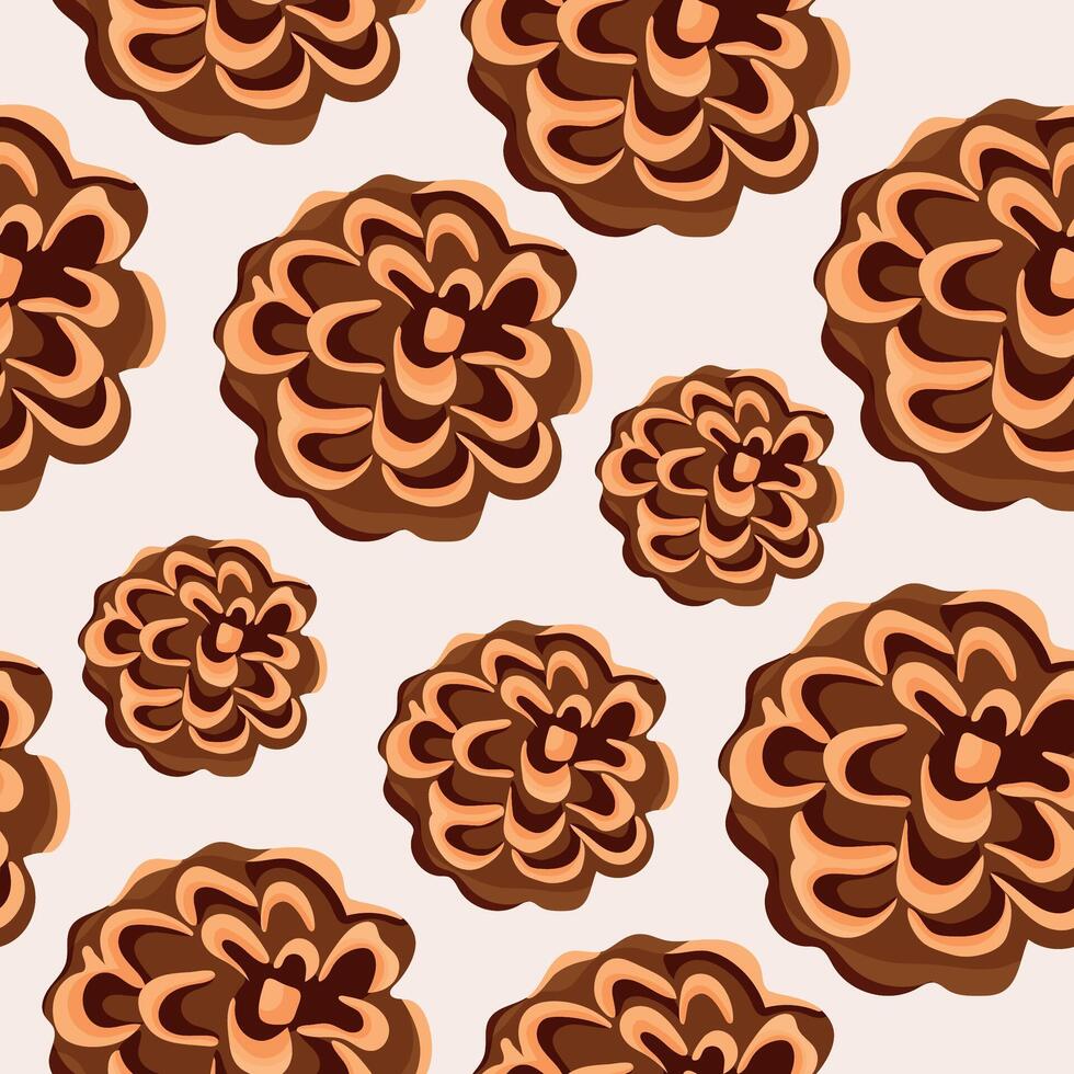 seamless pattern with round cones of conifers arranged randomly, for Christmas wrapping, cards or decorations vector