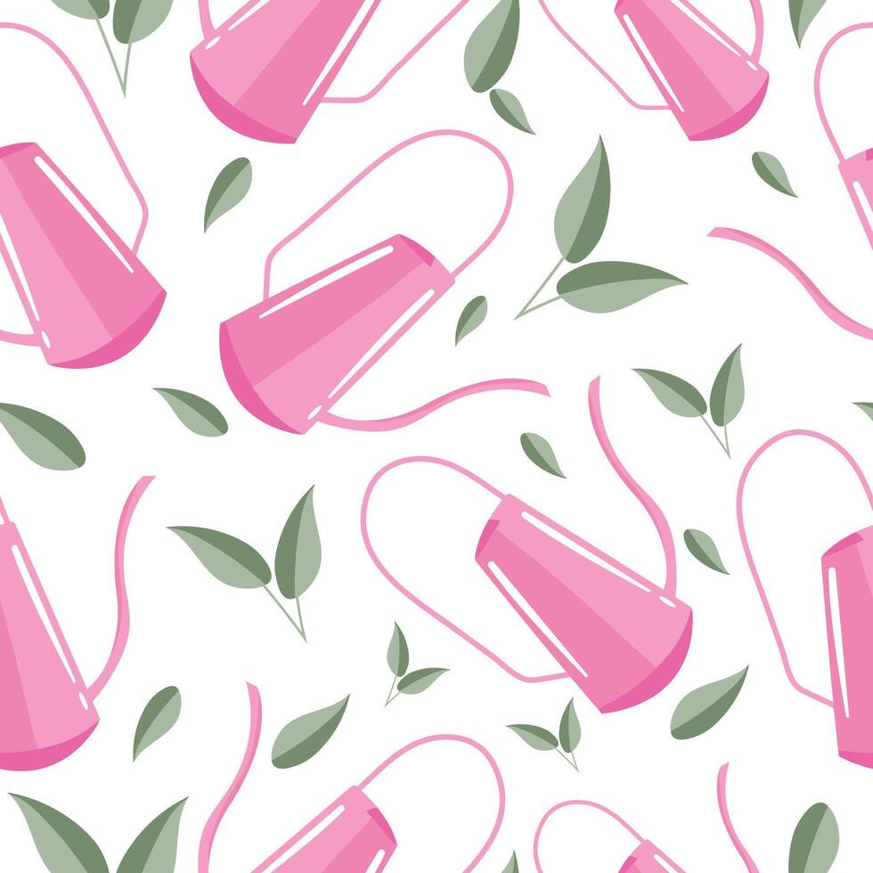 seamless pattern of pastel pink watering cans placed chaotically and pastel green sprouts, for textile, packaging or banners vector