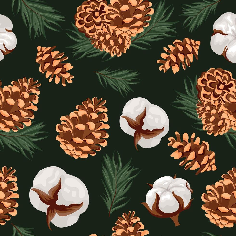 seamless pattern with different cones of coniferous trees and various cotton flowers and fir branches on a green background, for Christmas wrapping, cards or decorations vector