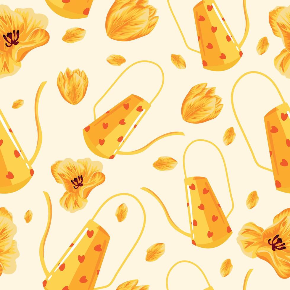 seamless pattern with yellow with hearts watering can for plants and buds of yellow tulips, for posters banners or cards vector