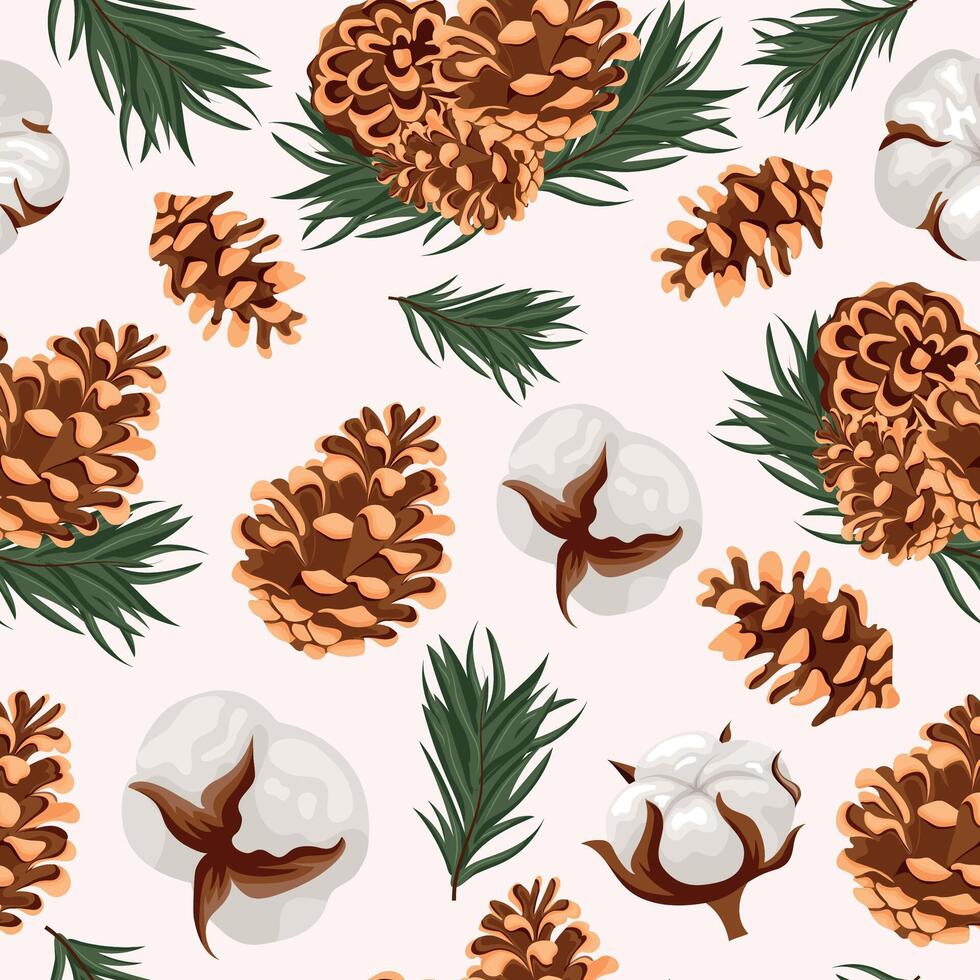 seamless pattern with different cones of conifers and various cotton flowers and fir branches on a white background, for Christmas wrapping, cards or decorations vector