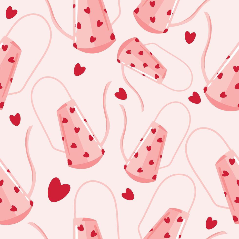 seamless pattern with pink with hearts watering can for plants, for posters with red hearts, banners or cards vector