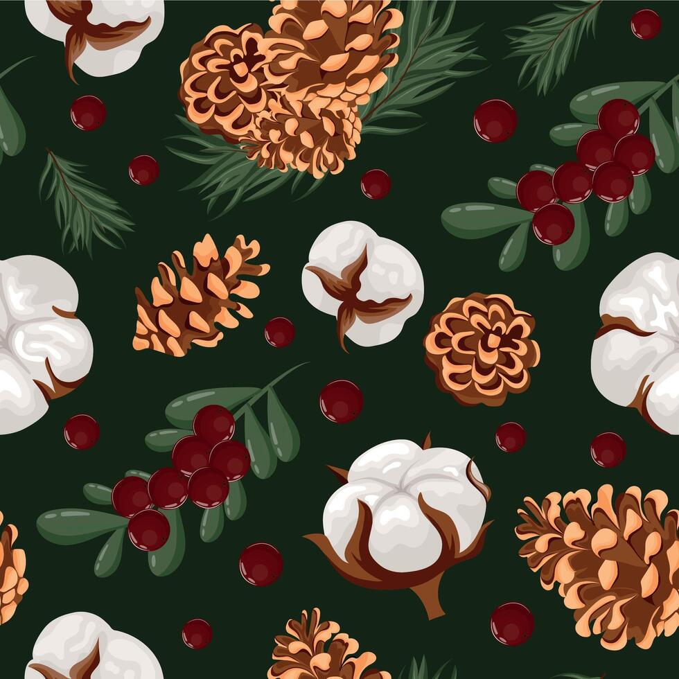 seamless pattern with different cones of conifers and various cotton flowers and sprigs of fir and red holly berries on a green background, for Christmas wrapping, cards or decorations vector