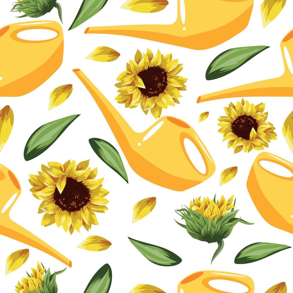 seamless pattern with yellow sunflower buds, green leaves and yellow watering can for plants, for textile, packaging or banners vector