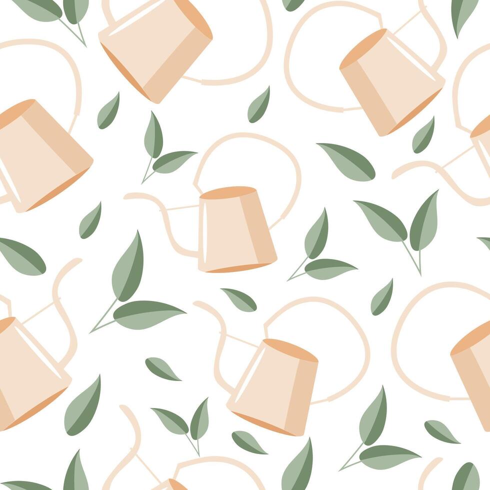 seamless pattern of pastel light watering cans placed chaotically and pastel green sprouts, for textiles, packaging or banners vector