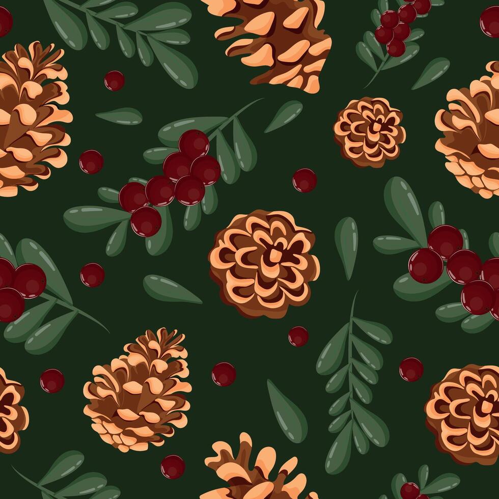 seamless pattern with different cones of conifers and red holly berries on a green background vector