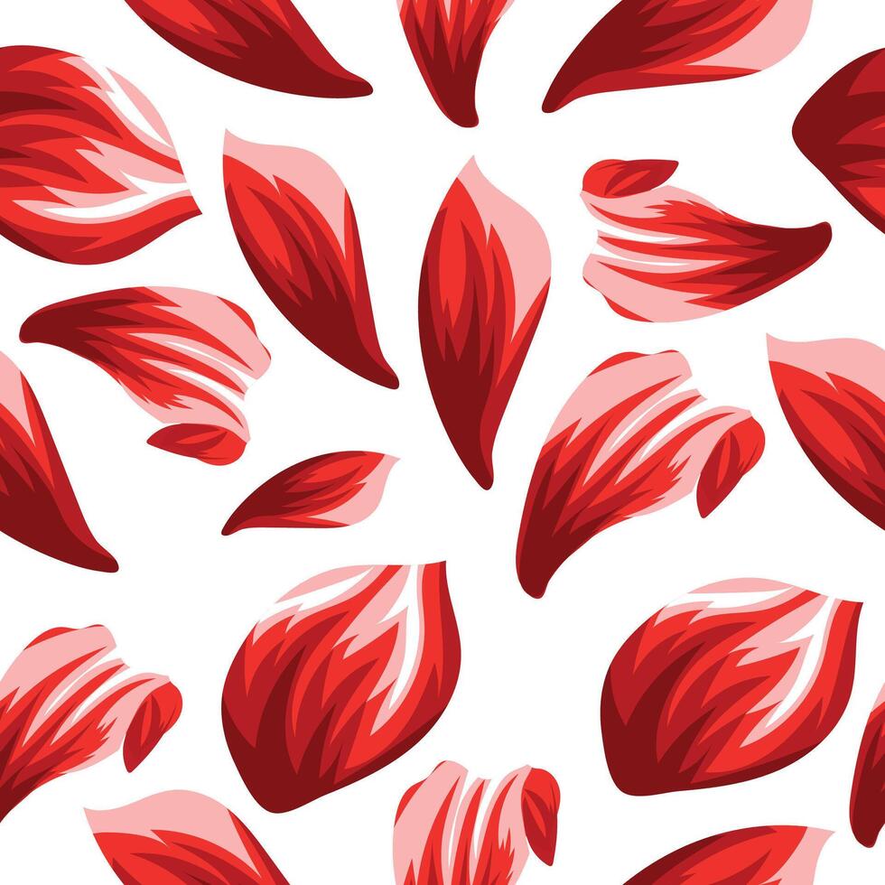 spring floral seamless pattern with red petals of different shapes from pink lilies for poster, packaging or factory textile vector