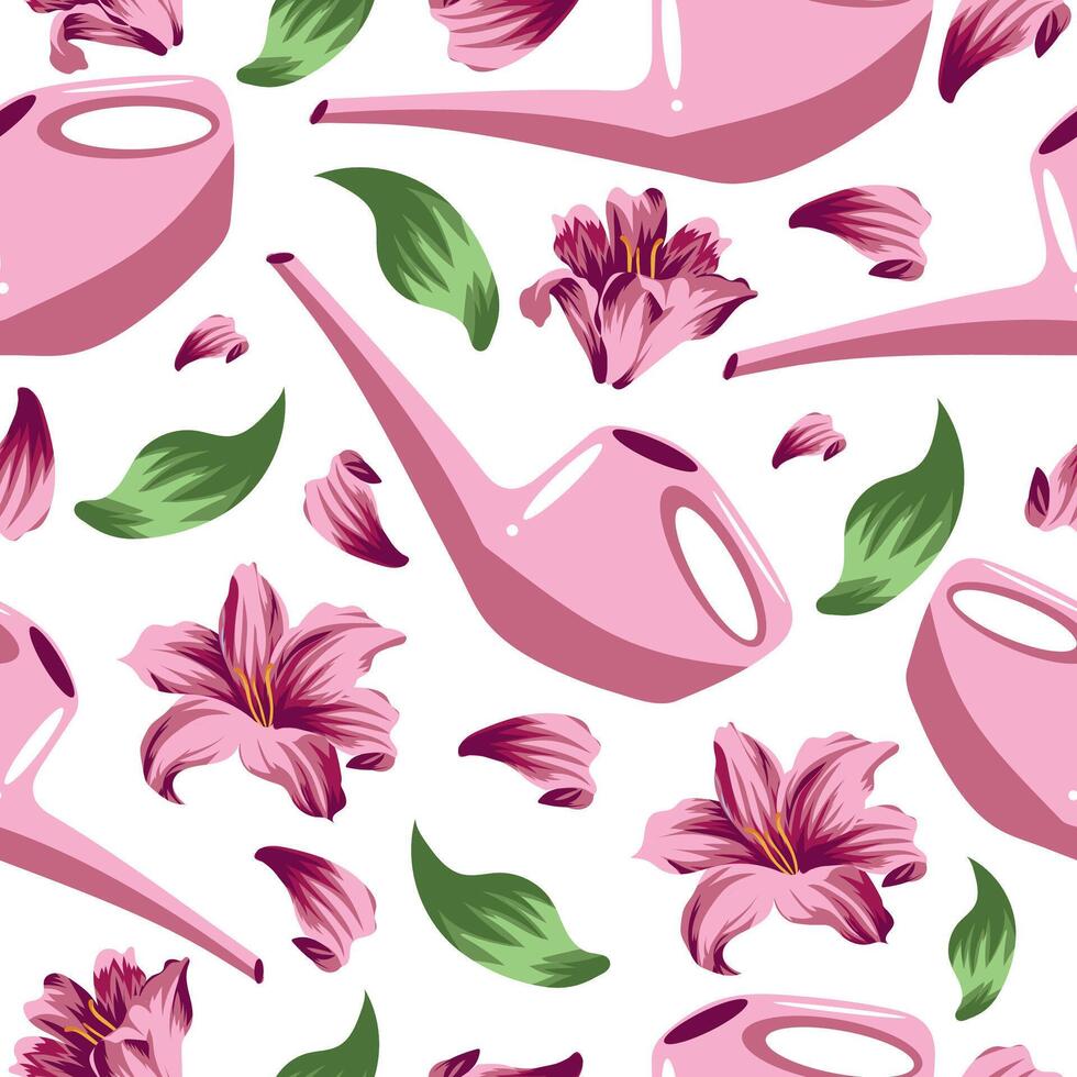 seamless pattern with pink lily buds, green leaves and pink watering can for plants, for textile, packaging or banners vector