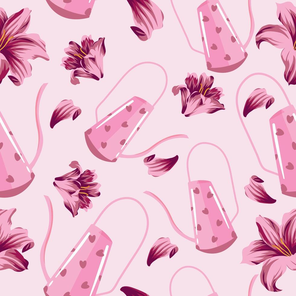seamless pattern with pink with hearts watering can for plants and buds of pink lily, for posters banners or cards vector